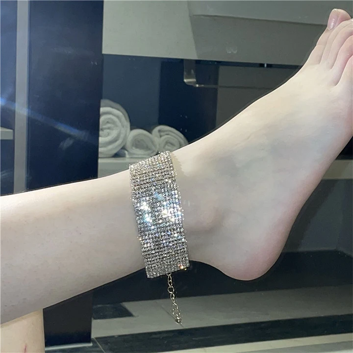 

High Quality One Row Cubic Diamond Jewelry Wide Anklet Elegant Full Rhinestone Anklet for Women, Picture shows