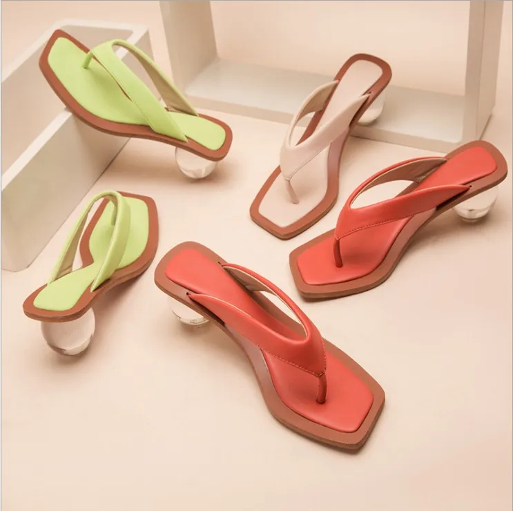 

101529 Toe post crystal heel women slippers outdoor wear lady thong sandals summer casual wear female flip-flops, Apricot green orange