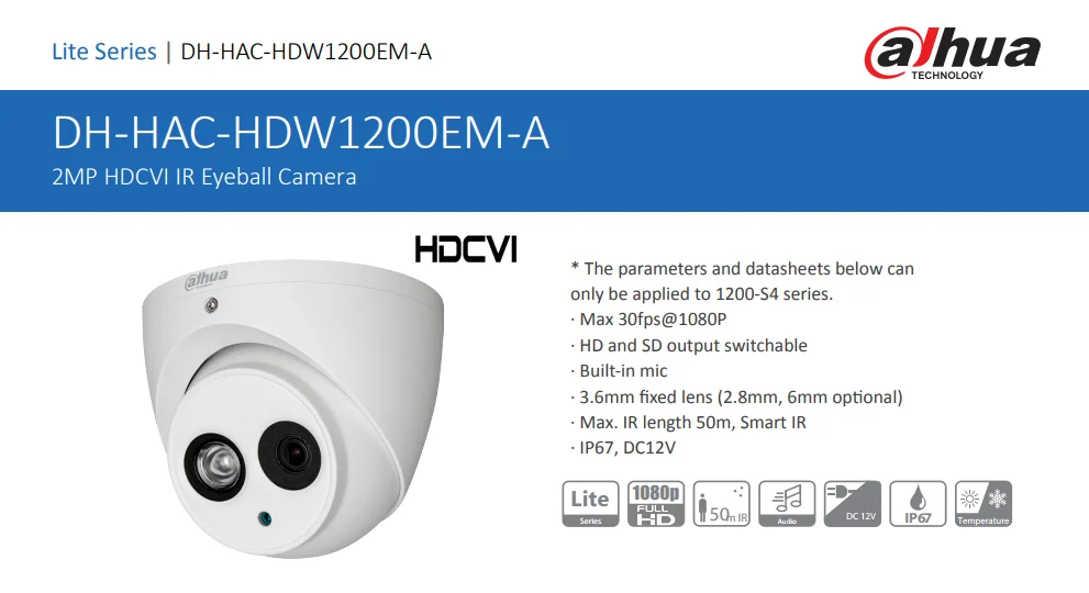 Free shipping Dahua HAC-HDW1200EM-A 2MP HDCVI IR Eyeball Camera built in mic CMOS 1080P IR 50M IP66 cctv camera