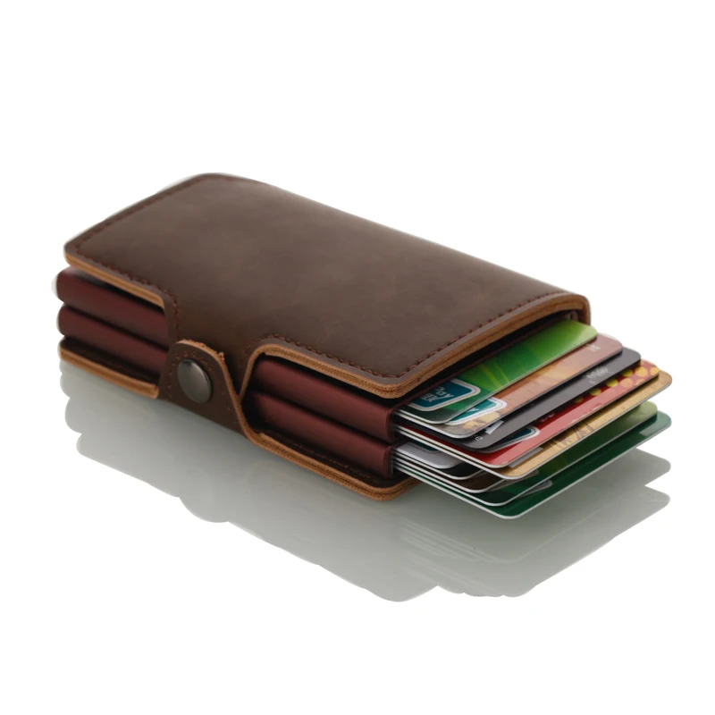 

Vintage Custom Men's Card Wallet RFID Blocking Leather Credit Card Holder with Aluminum Metal Pop Up Card Case, Brown, light brown, black, grey