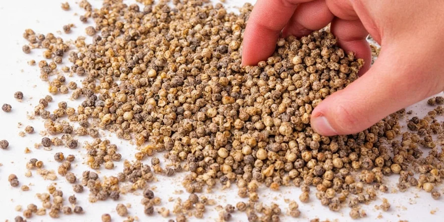 Toasting cracked peppercorns in a pan