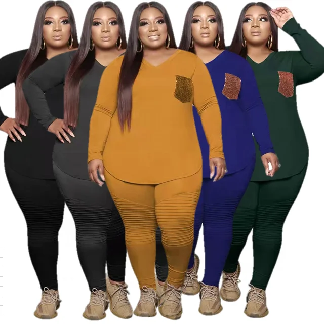 

New Arrival Autumn Women clothing 2021 Pure color hit sequins fashion casual two piece pants set plus size lounge wear women set