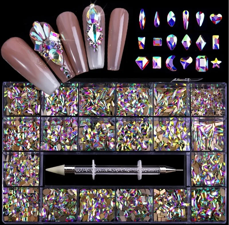 

Dropship Amazon Hot Crystal AB Rainbow Nail Art Mix Shape Fancy Shaped In Box Flat Bottom Glass nail diamond rhinestone