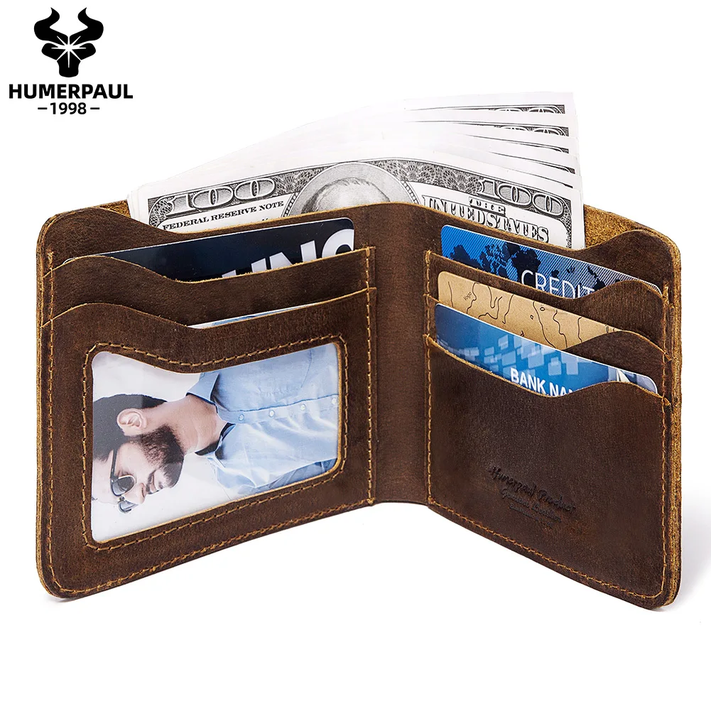 

HUMERPAUL Vintage Custom Full Grain Men's Crazy Horse Leather Wallet genuine First Layer Cowhide Man Real Leather slim wallet