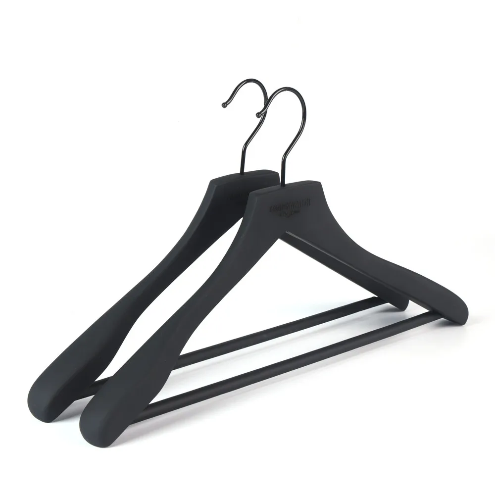 

Custom Soft Touch Rubber Black Wooden Clothes Suit Coat Hanger with Non-slip Bar, Matte black soft rubber coating