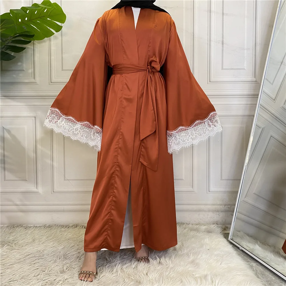 

Modest women open abaya with lace satin front open kimono, White,black,red,blue,orange,golden