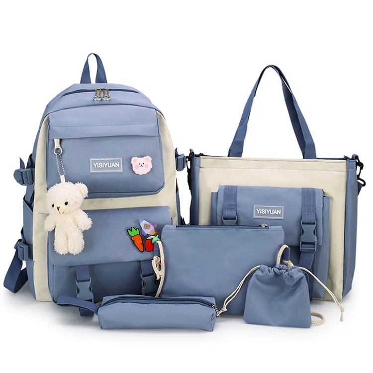 

Hot Selling 5 Piece Set Cute School Book Bags Trend School Bag with Pencil Case Teenagers Middle Book Bagpack Backpack Canvas