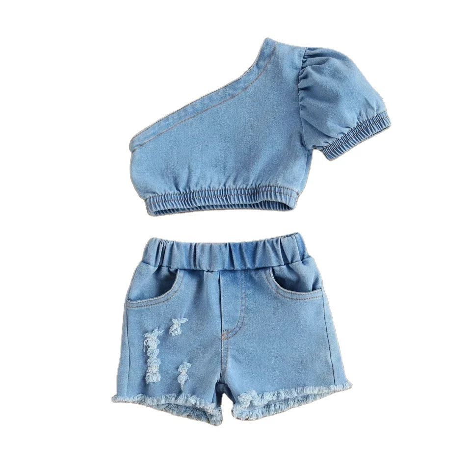 

221 Fashion Oblique Collar One-shoulder Denim Girl Clothes Set, Blue