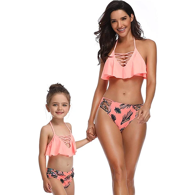 

Girls Swimsuit Falbala Mid Waisted Bathing Suit Hollow Out Sexy Bathing Suit Bikini Swimwear Tankini for Family(Mom and Girl)