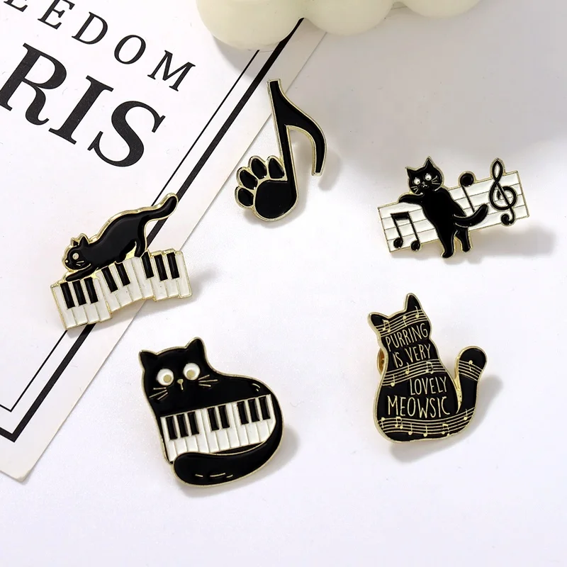 Black Cat Music Enamel Pin Animal Cute Musical Instrument Notes Piano Brooch Badge Friends Gift Wholesale Backpack Accessories