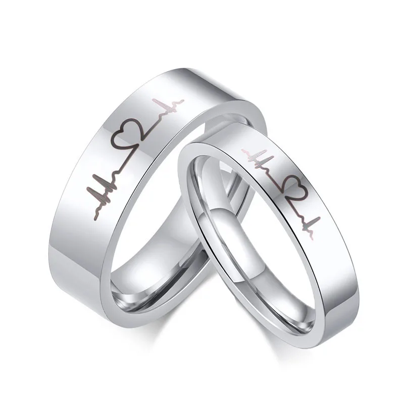 

Romantic Heartbeat Couple Promise Rings Silver Color Electrocardiogram Finger Ring Women Men Wedding Rings Gift