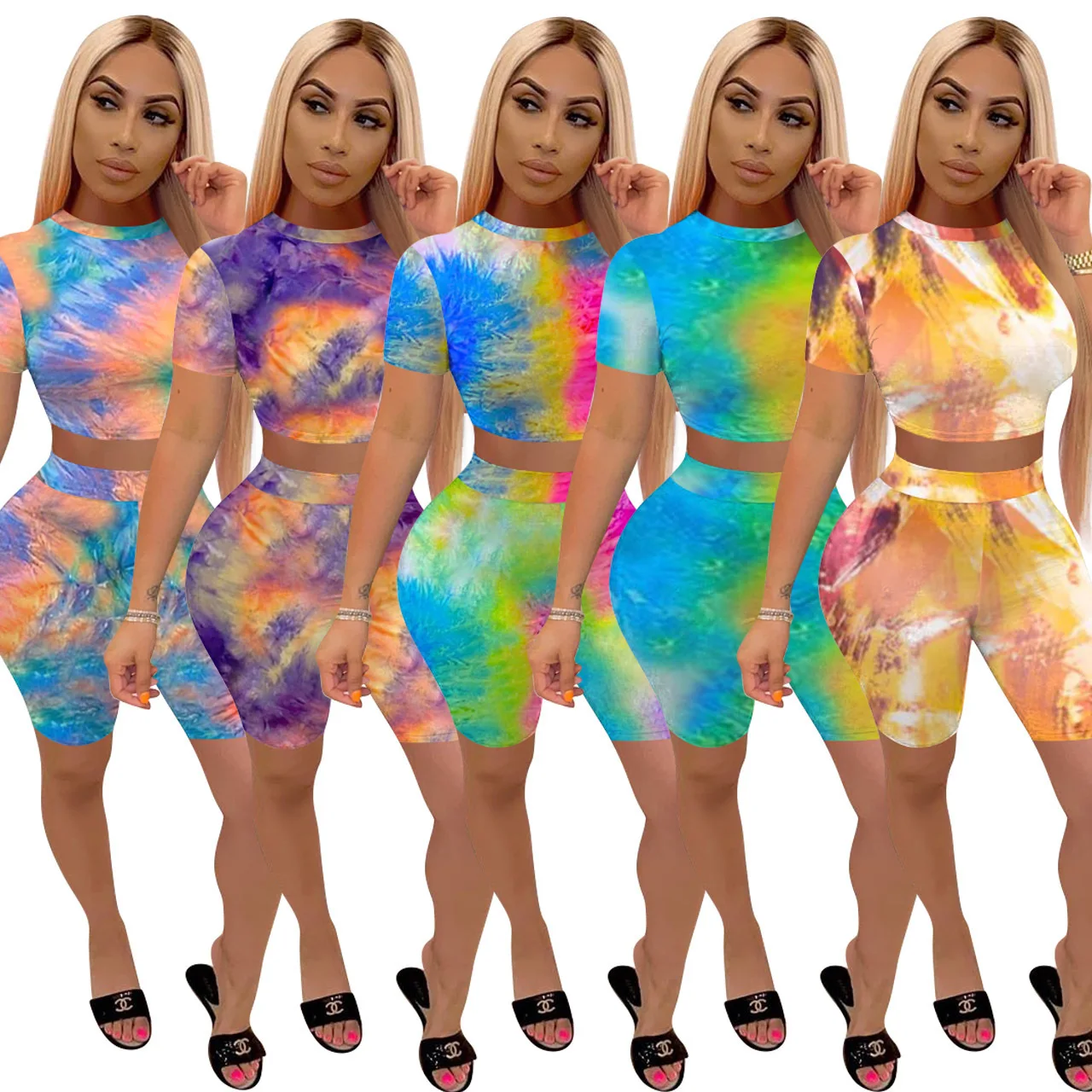 

2021 New Fashionable Design Multi-Color Tie-Dyed Women's Two-piece Suit Sets T-shirt And Shorts Casual Street Wear