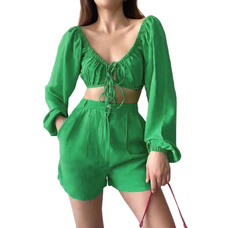 

2022 summer fall women 2 Piece Set Women solid bandage long sleeve top and shorts 2 piece shorts set