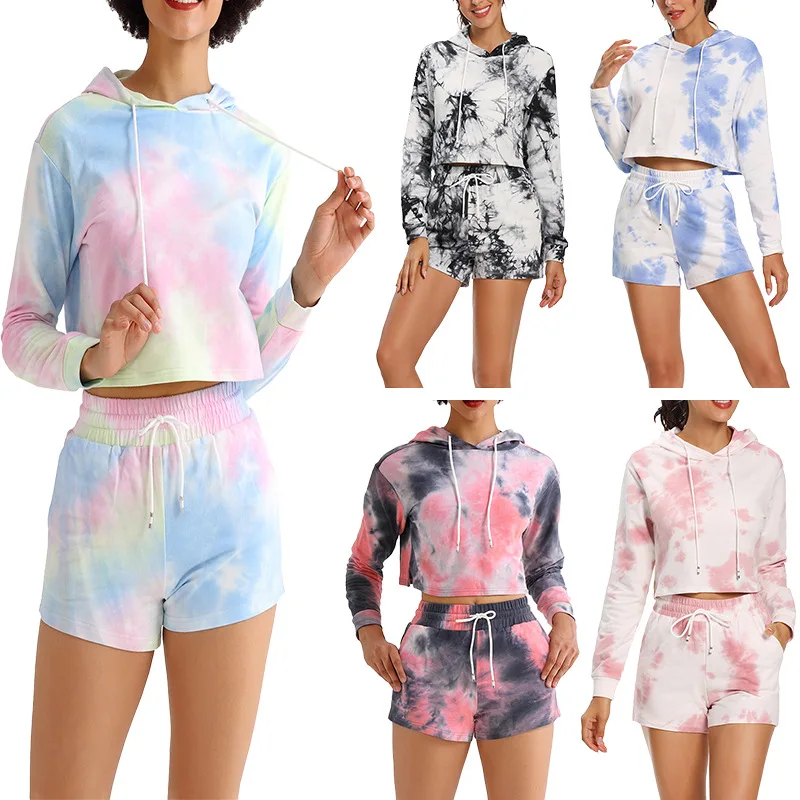 

TG032 casual tie dye women's two piece hoodie shorts and corp top set summer short pant set, Shown
