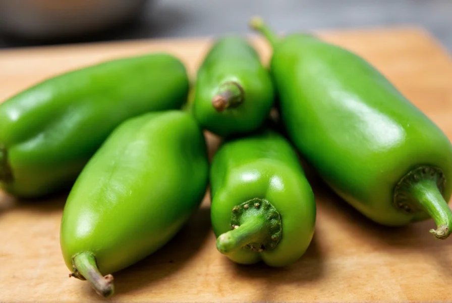 Close-up view of fresh green jalapeño peppers on a wooden cutting board with seeds visible
