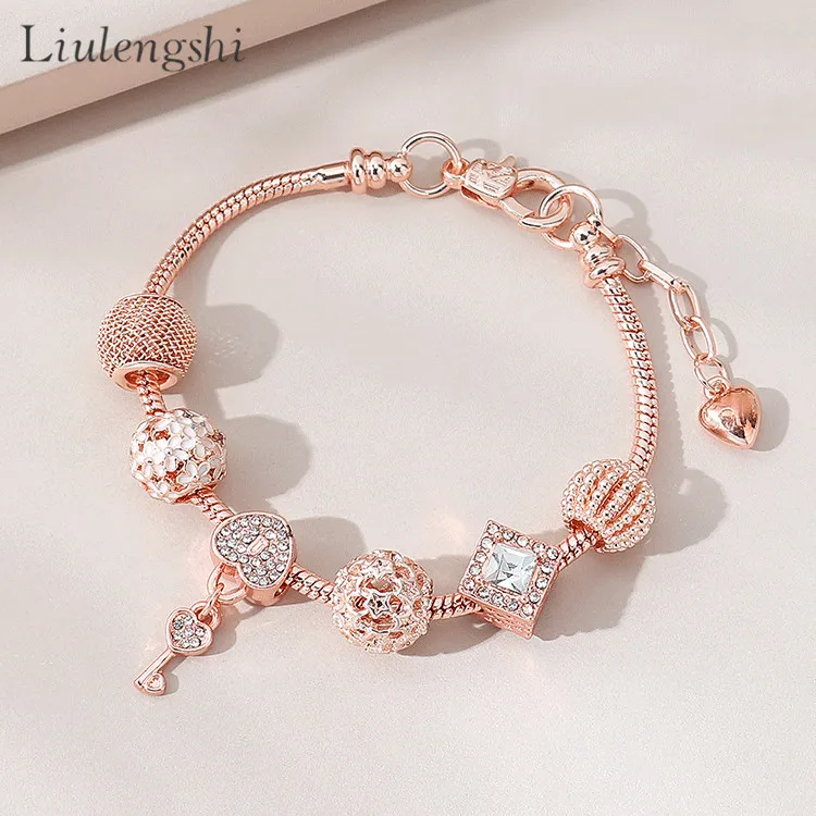 

Best Sell Rose Gold Plated Rhinestone Crystal Key Drop Charm Bracelet CZ Cubic Zirconia Heart Charm Bracelet