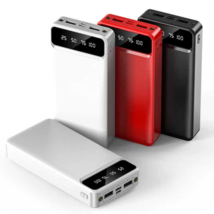 

Trending promotion gift With 2USB Output power bank 30000mah with cable power banks, Black, white ,red
