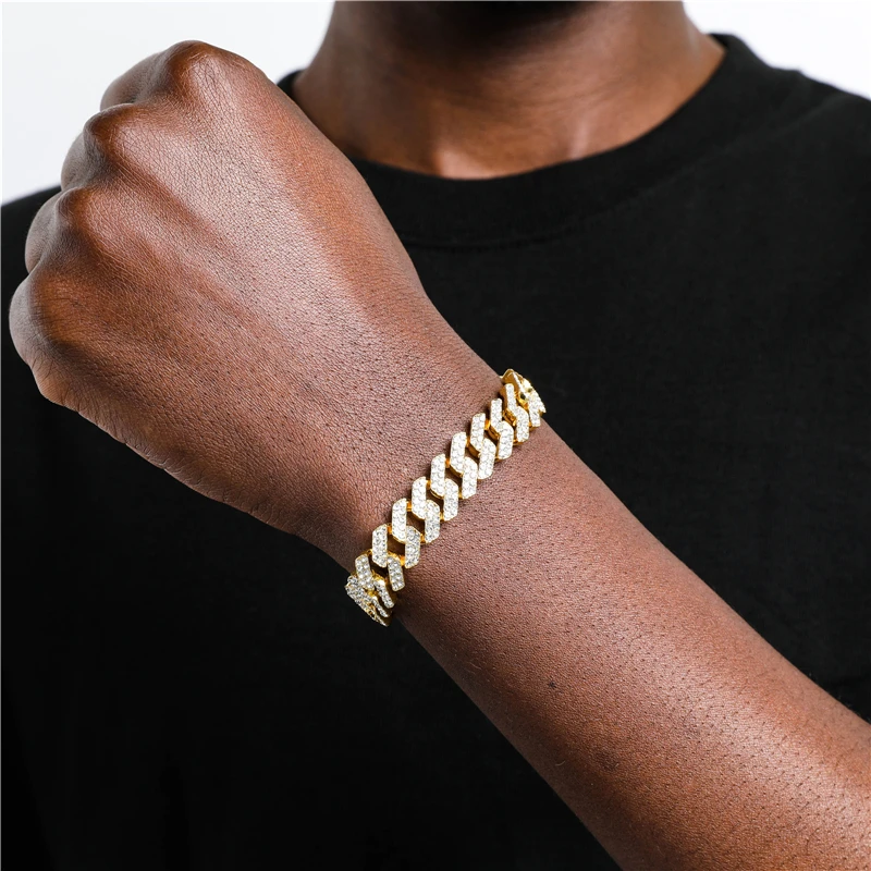 

Hip Hop Iced Out Crystal Bracelet Jewelry Gold Plated Diamond Cuban Link Chain Women Men's Miami Chunky Prong Cuban Bracelet