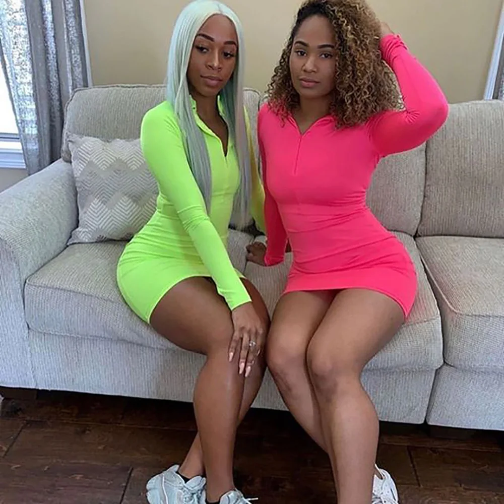 

Spring Fashion Trend Solid Color Casual Women's Clothing Zip Long Sleeve Mini Bodycon Dress