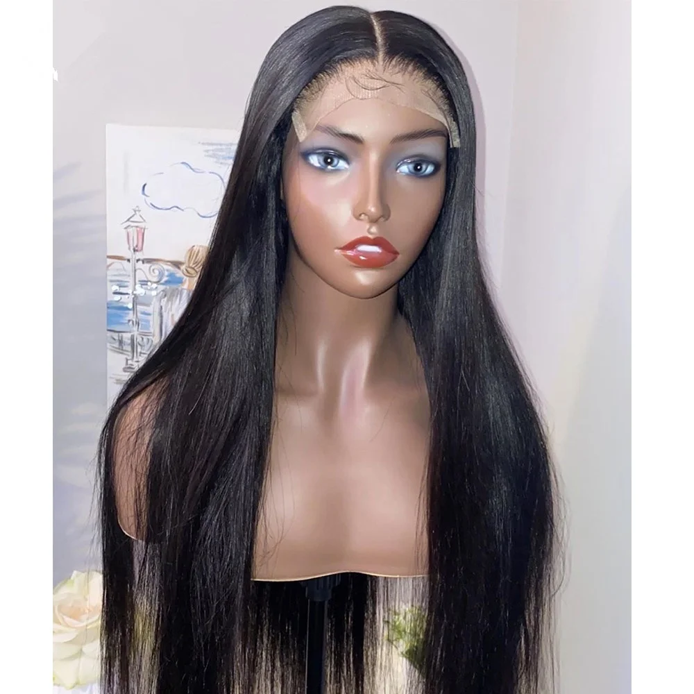 

Bone Straight Natural Black Human Hair Wigs Middle Part T Part Lace Front Wig On Sale