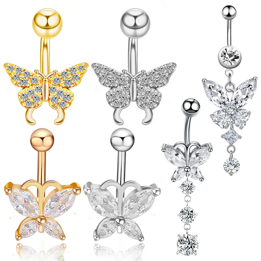 Wholesale Body Pierce 18k Gold Titanium Hypoallergenic Zircon Navel Rings Belly Button 316L Stainless Steel Butterfly Belly Ring