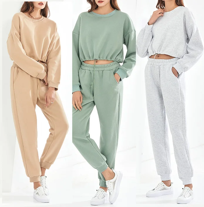 

Nice quality custom logo crew neck drop shoulder adjusted bottom sweatshirt and joggers women two set piece clothing, In available