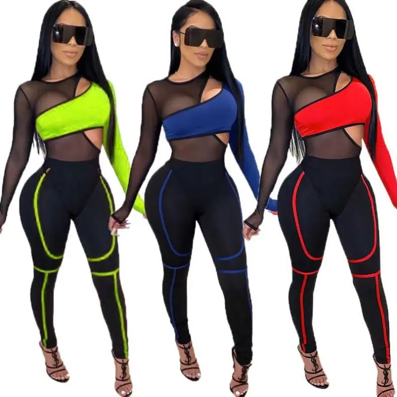 

2020 Wholesale Sportswear Women Sexy Long Sleeve Hollow Out Mesh 2 Piece Set Slim Fit Track Pants Spliced Neon Jumpsuit, Photo shows