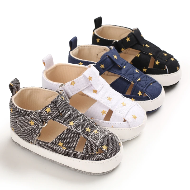 

2020 Latest design cotton fabric star print Outdoor barefoot infant crib sandals for baby, White,dark blue,grey, black