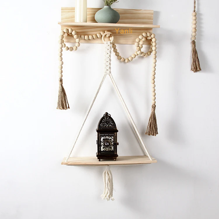 

Macrame Hanging Shelves for Wall Wooden Floating Shelf Plant Hanger with Handmade Macrame Weaving, White