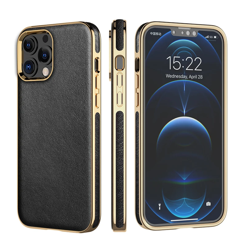 

Luxury Golden Plating Pu Leather Protective Phone Case for iPhone 13 Pro Max 13mini Soft Skin Friendly Mobile Cases Cover, Black brown blue rose