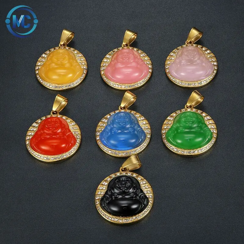 

2021 Hip hop iced out zircon natural stone green jade buddha necklace