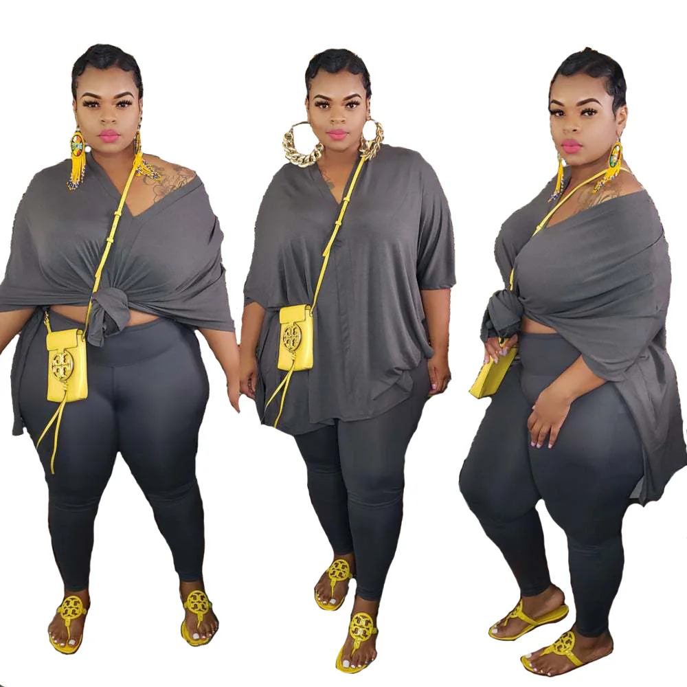 

Solid Color Loose Casual Plus Size V Neck Two Piece Side Slit Gray Oversized T Shirt Top And Leggings Set