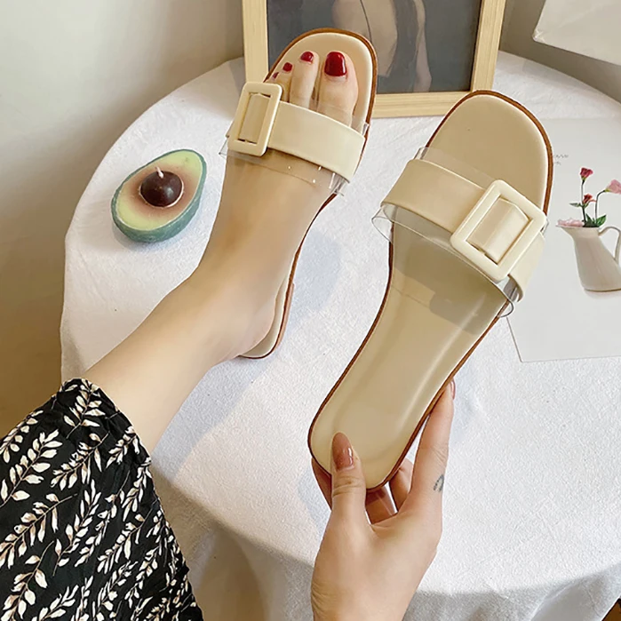 

2021 summer Fashion Design Light Weight Outdoor Flat Ladies h shape slipper for women slide with button women sandals