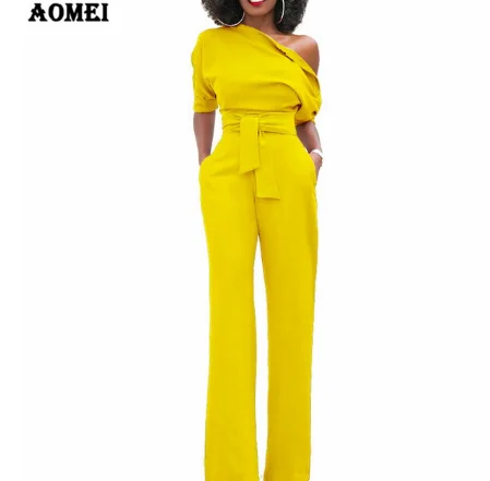 

2019 Spring One Shoulder Office Wear With Sashes Women Jumpsuits Rompers, Black;blue;green;white;yellow;burgundy