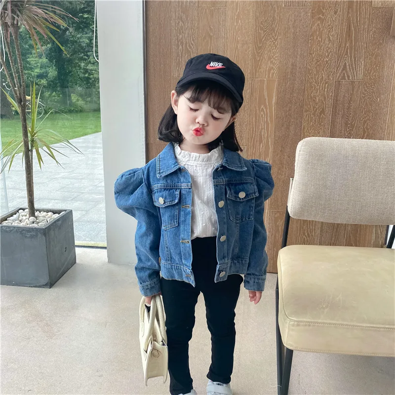 

Puff Sleeve Short Denim Jacket Single Breasted Jacket Coat For Girl Baby, Picture shows
