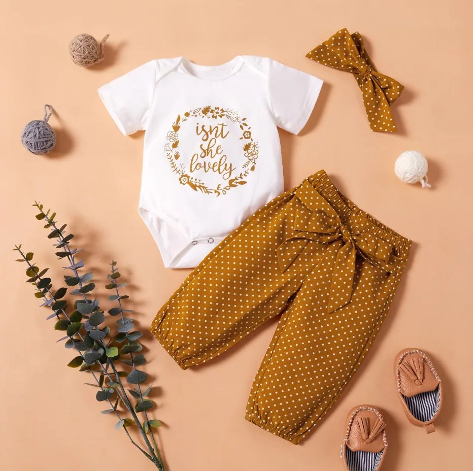 

Autumn baby clothes robes romper polka dot pants lead belt set