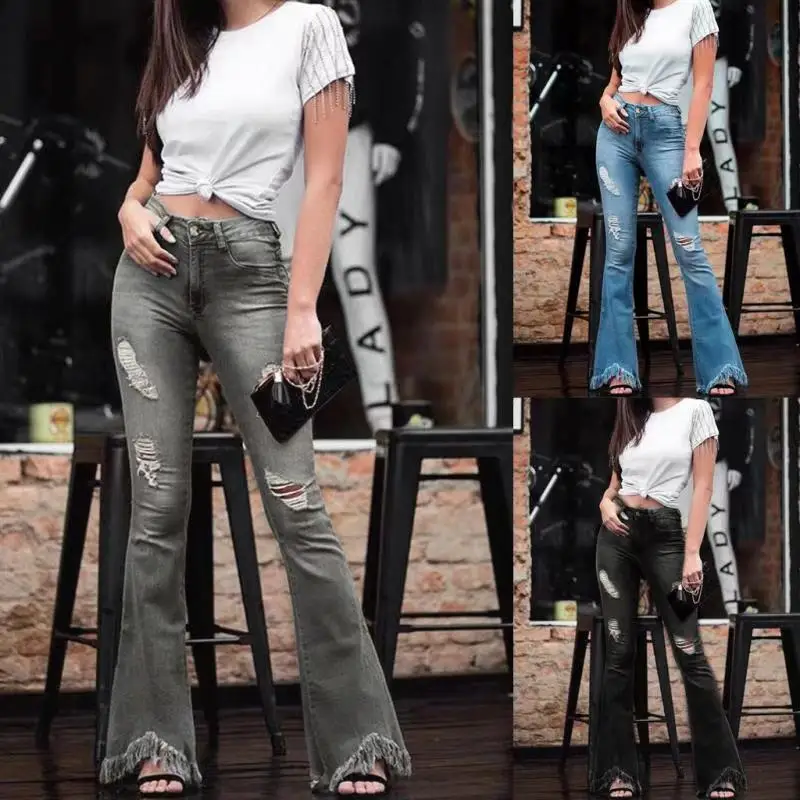 

wholesale new fashion ripped high waisted flare jeans distressed jeans women bell bottoms