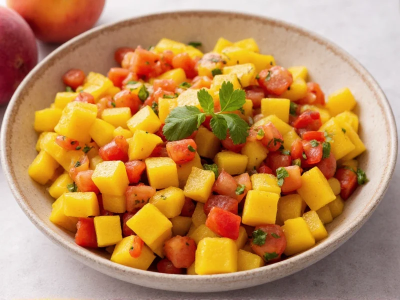 Colorful mango peach pico de gallo in ceramic bowl