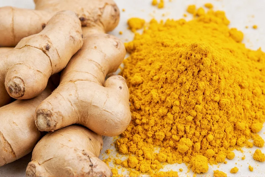 Fresh ginger root and turmeric rhizomes side by side showing their distinct colors and textures