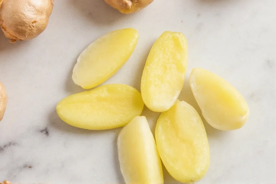 Chef's hand demonstrating knife technique for peeling ginger on wooden cutting board