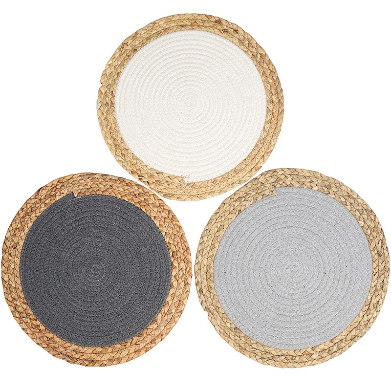 

WANMEI in stock western handmade round cotton thread straw woven placemats dinner decoration