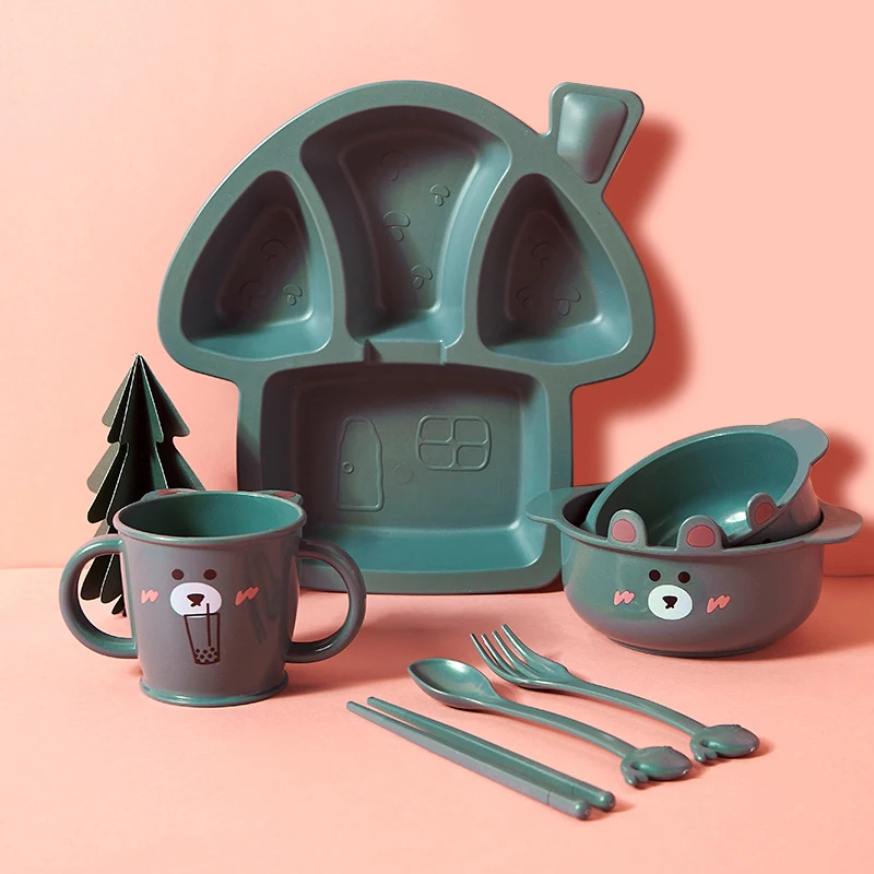 
Amazon Cute Cartoon Animal 6 Pieces Environmentally Friendly Feeding Dishes Wheat Straw Kids Dinner Set 