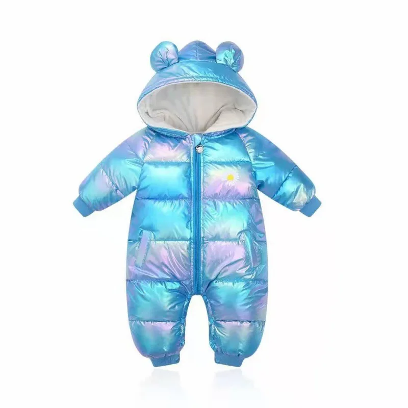 

New Plus Velvet Jumpsuits Baby Winter Rompers Cartoon Hooded Shiny Waterproof Newborn Girls Snowsuit Toddler Boys Coat clothes