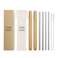 

2019 Amazon hot selling Reusable Stainless Steel Straws set 304 Metal Drinking Straw with Bamboo wooden case