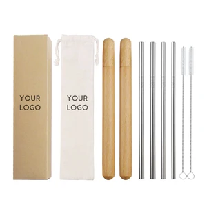 Image of 2019 Amazon hot selling Reusable Stainless Steel Straws set 304 Metal Drinking Straw with Bamboo wooden case