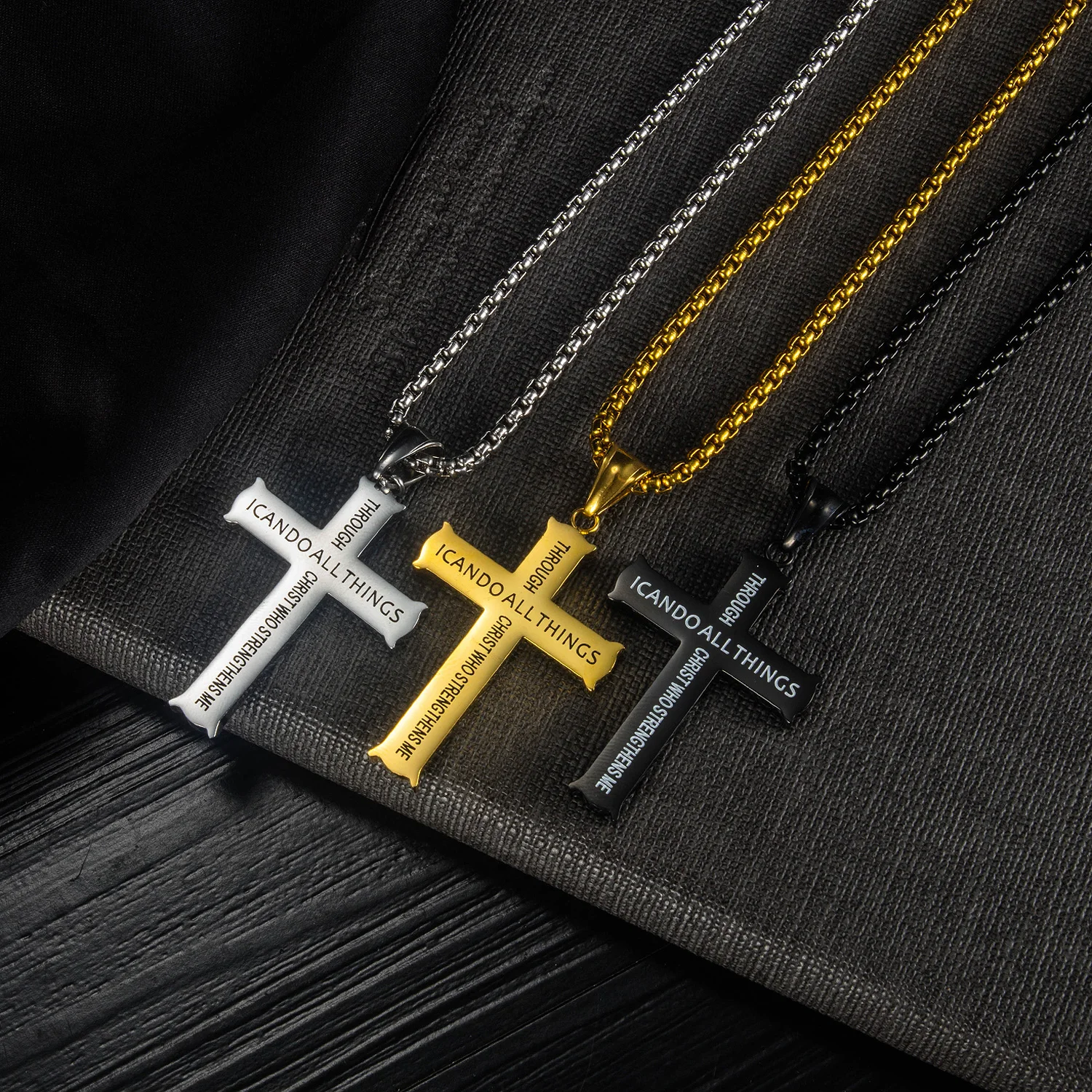 

Inspirational Engraved Jewelry I Can Do All Things Cross Pendant Custom Logo Stainless Steel Silver Gold Black Necklaces, Picture shows