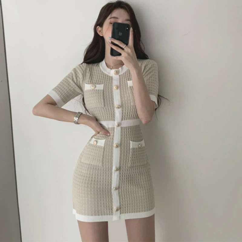 

Elegant Wool Knitted Korean Dress 2022 Party Summer Black Slim Button Bodycon Mini Style Dress Vestidos