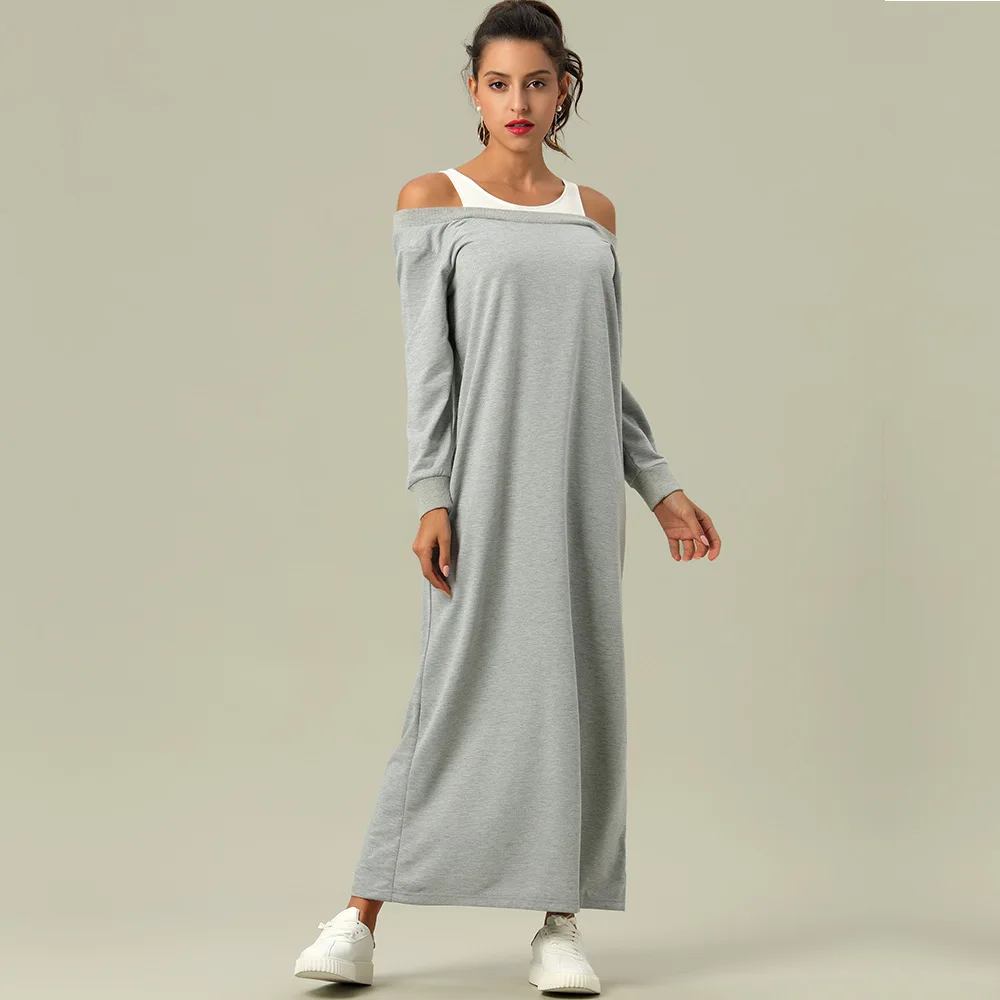 

Korean style sping autumn cold shoulder grey t shirt patchwork 100% polyester girls ladies women long sleeve maxi casual dress