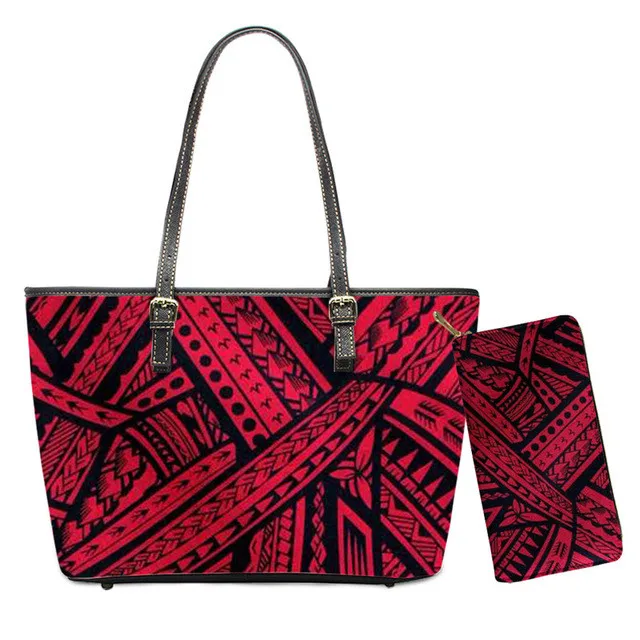 

2pcs/set Bags Women Handbags Shoulder Polynesian Traditional Tribal Print Famous Brands Tote Bag for Ladies Travel PU Wallets, Accept custom made