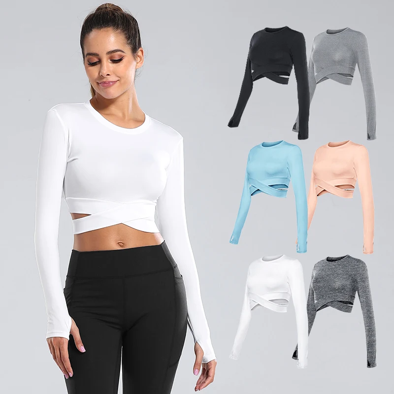 

woman gym sexy Slim fit Long sleeves yoga fitness sports wear crop tops shirts